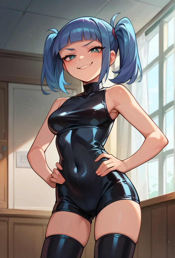 score_9, score_8_up, score_7_up, perfect face, perfect eyes, 1 girl, medium breast, blunt bangs, twintail hairstyle, smug face, hands on hips, latex clothes, latex shorts, thigh highs, exposed shoulders, in a room