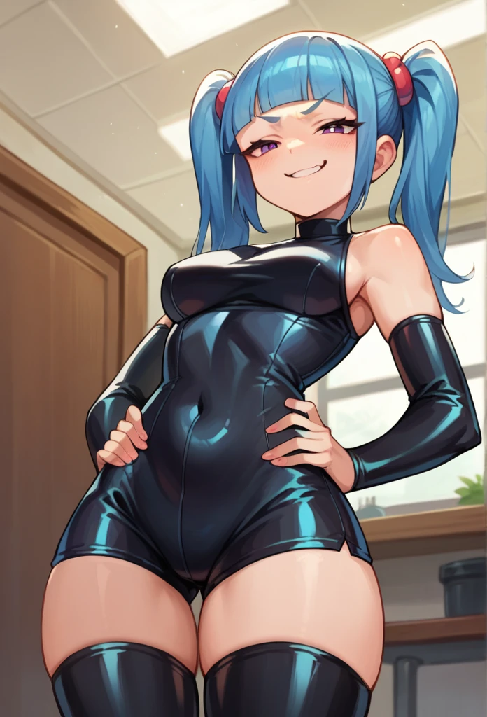 score_9, score_8_up, score_7_up, perfect face, perfect eyes, 1 girl, medium breast, blunt bangs, twintail hairstyle, smug face, hands on hips, latex clothes, latex shorts, thigh highs, exposed shoulders, in a room