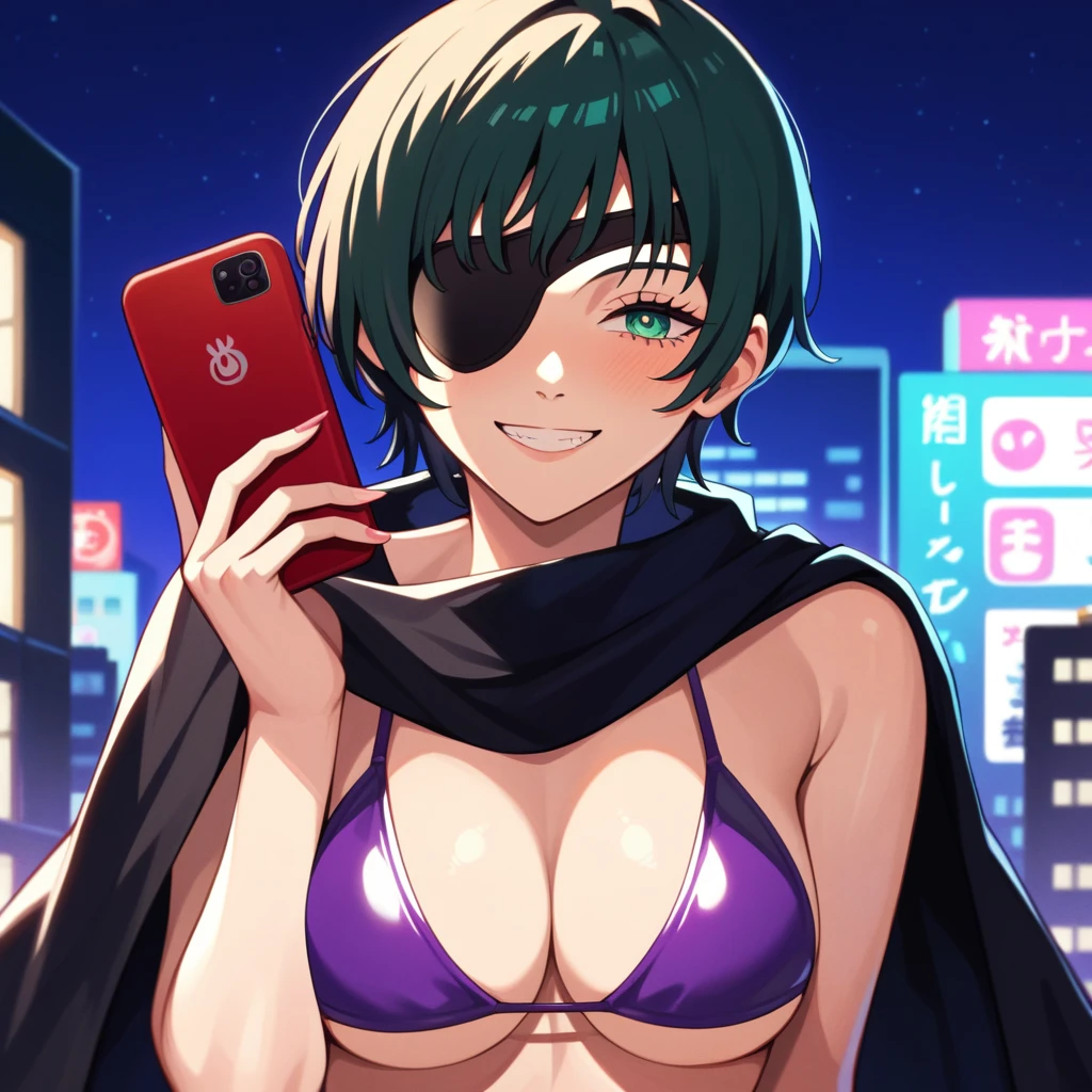 mature female, mature, Adult, himeno, himeno(Chainsaw Man), 1girl, black hair, short hair, eyepatch, solo, blush, phone, octopus symbol, seductive smile, grin, Villains, chest, View your audience, Night town, City, skyscraper, Night, Dark, latex purple bikini under the black cape, masterpiece, Top animation quality,Top image quality,