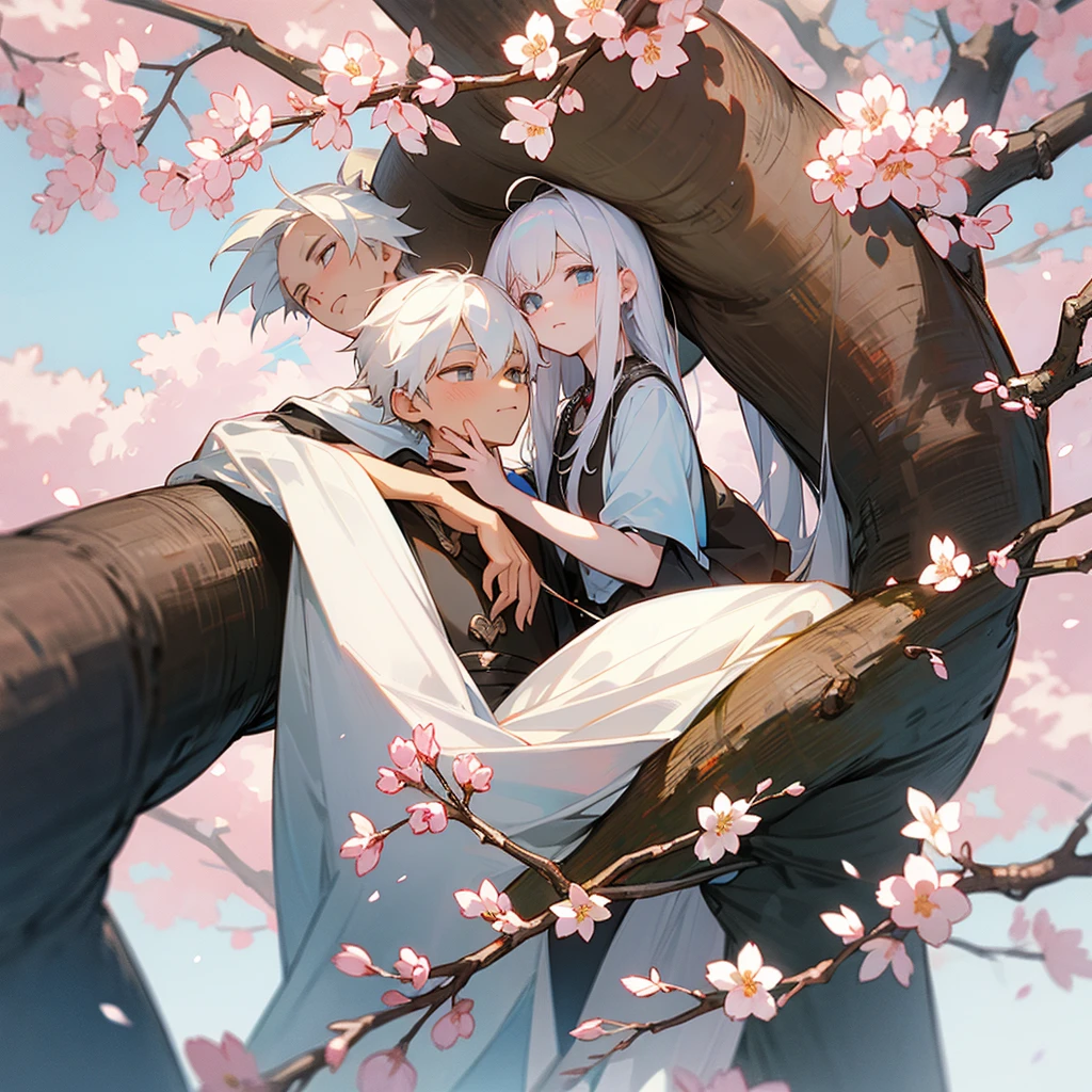 A white haired boy with a cute girl under a charry blossom tree