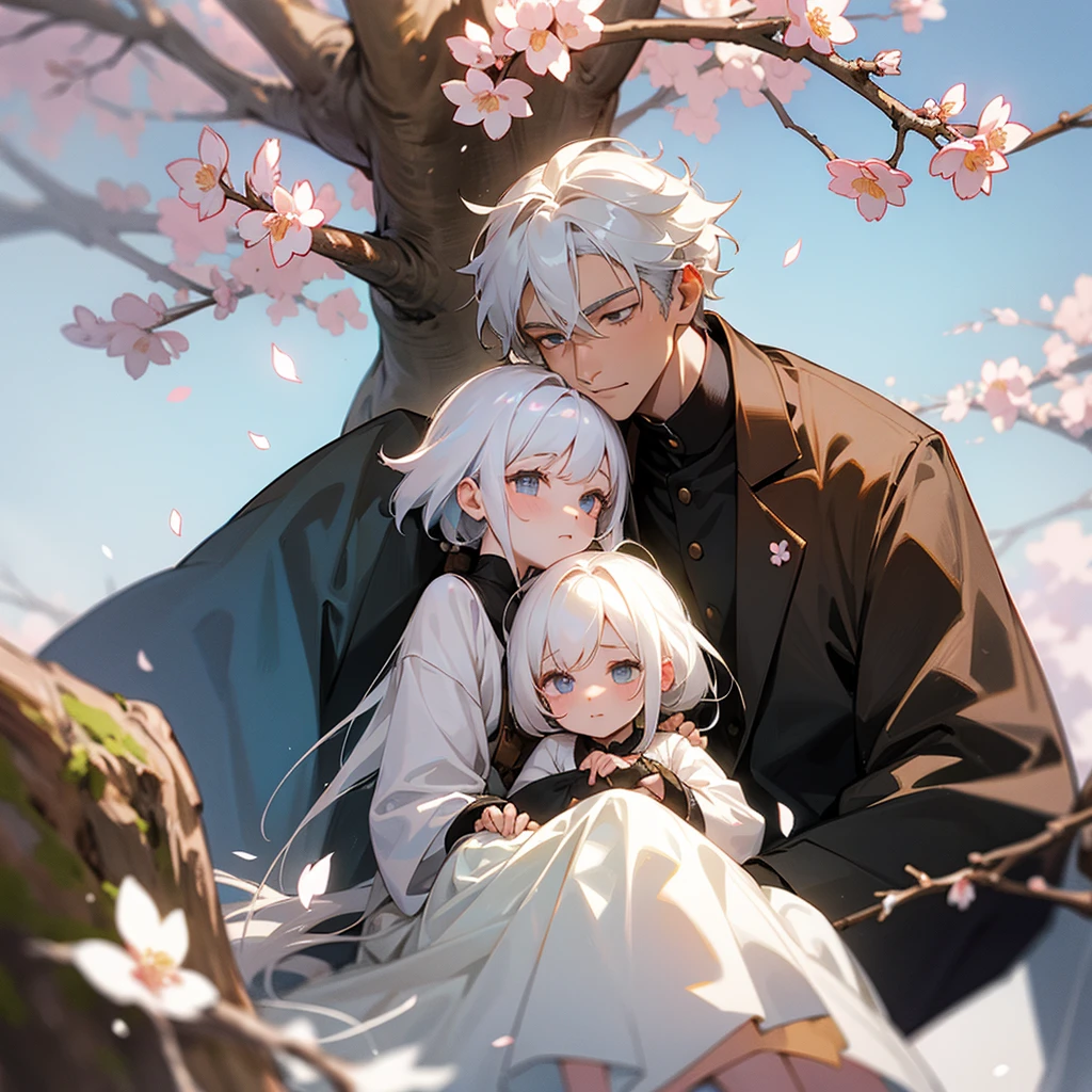 A white haired boy with a cute girl under a charry blossom tree