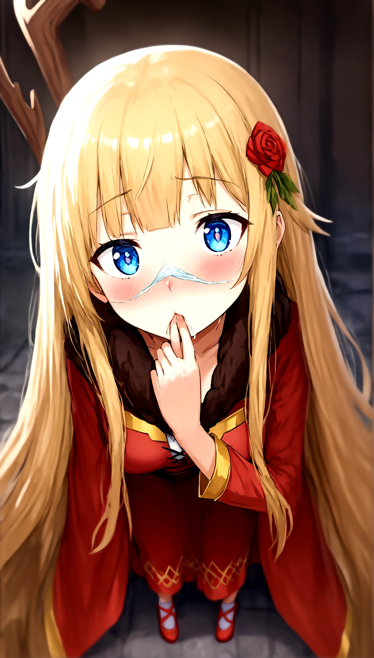 Anime. Kono Subarashii Sekai ni Shukufuku wo. Megumin. 1 girl. Cutie. Enchantress. Mag. Blonde. Long hair. Hair ornament. Blue eyes. Beautiful eyes. Perfect eyes. Expressive eyes. Ideal face. Face about to sneeze
Sneezing face. Beautiful nose. Snotty nose. After sneezing, long snot hangs from the nose. years. Big breasts. Beautiful breasts. She is ill. She has a cold. She has allergies. She has a runny nose. Nasal mucus. She has snot. She wants to sneeze. She needs to sneeze. She has a strong, desperate urge to sneeze. She sneezes. She sneezes. Splashes of snot fly to the sides. Snot flows from the nose. She has urinary incontinence. She wants to pee. She needs to pee.
She has a strong, desperate urge to pee. Iskkay. Fantasy. City. Street. Many people. Ideal anatomical body. Hand on crotch. Squeezes the perineum tightly. Rubs the crotch. The knees are all different, the feet are different. The girl can't stand straight. Pointed, wide-brimmed magic hat. Magic staff. Casts mortification. White linen blouse. Skirt. Shoes. Cloak. Full height. Beautiful character design. Shiny skin. Whole body. NFS. Official art. Extremely detailed CG Unity 8k wallpaper. Ideal lighting. Ultra high resolution 4K. Super detailed 8K. A high resolution.