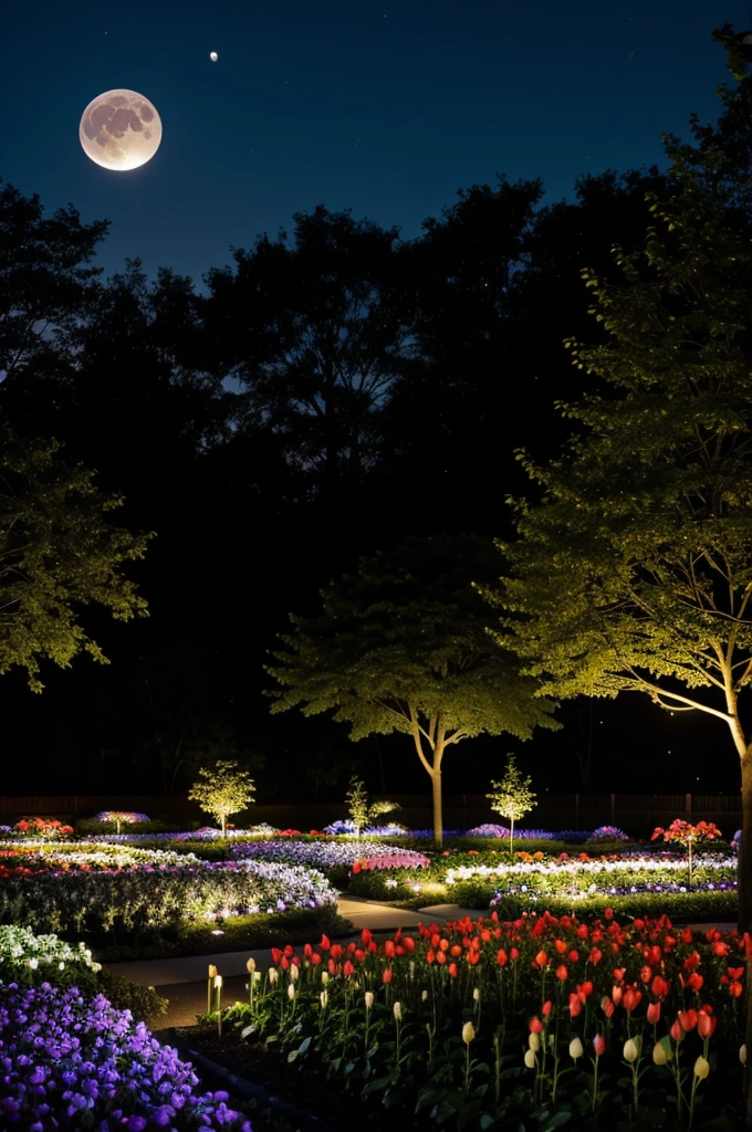 The glow of the moon at night In the flower garden, the picture is clear.