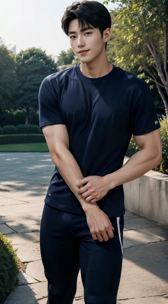 (As a matter of fact, Masterpiece, 8k HD, good light quality, sportswear, fit the face, complicated details), A handsome and muscular young Korean man., He has short, muscular hair in a buzzcut style. ,(Broad shoulders:1.3), 20 years old, be happy, smile brightly, detailed face, delicate eyes, มองดูsky, (Wear a navy tight T-shirt.:1.6), period, black eyes, Black hair color, ผมsmooth, smooth, outdoor sports, Along the garden, Sunny,sky,Surreal,Awesome details,Highest quality,real,(As a matter of fact, Masterpiece, 8k HD, good light quality, sportswear, fit the face, complicated details), A handsome and muscular young Korean man. มีกล้าม ,(Broad shoulders:1.3), 20 years old, be happy, smile brightly, detailed face, delicate eyes, มองดูsky, (Wear a navy tight T-shirt.:1.6), period, black eyes, Black hair color, ผมsmooth, smooth, outdoor sports, Along the garden, Sunny,sky,Surreal,Awesome details,Highest quality,real