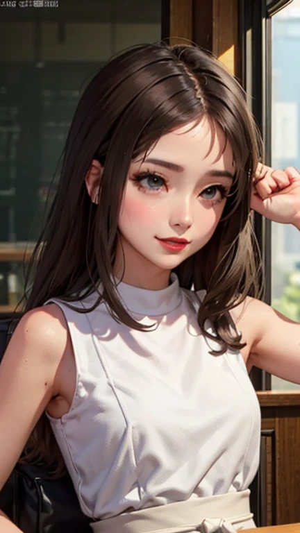 blush a little and smile, (Top quality masterpiece:1.2) Delicate illustrations, Very detailed, /Beautiful Japanese Women、1 person,Very cute and slim、Great style 、((8K images、super high quality))、Very delicate face, Skin and Hair、beautifule forehead、Red lipstick、(((((Mid-length hair、Light brown hair、lure))))),Very cute Japanese cut face、Eyes and nose are clearly visible、Kind eyes,((((Sleeveless fashion))))