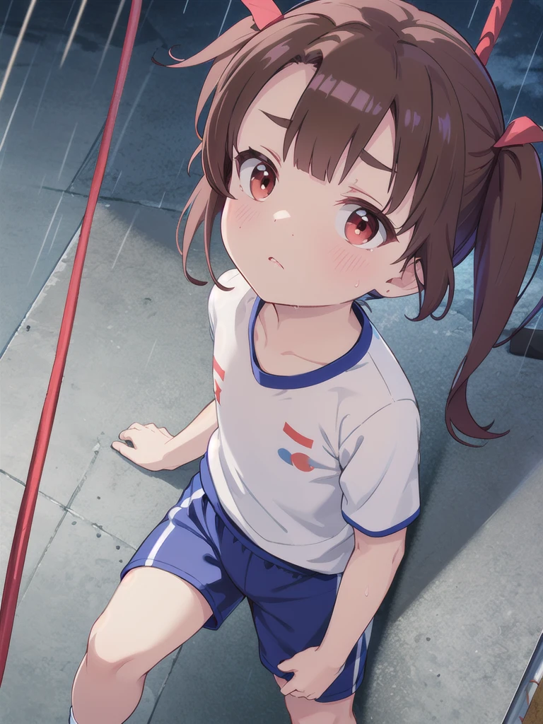 Outdoor,night,rain,Climbing into the sky,Rope climbing,Has a thick brown rope,White gym clothes,Red eyes,Long twin tails,Brown Hair,Eyebrows visible through hair,Flat Chest,Looking Up,A view from above,face focus,
