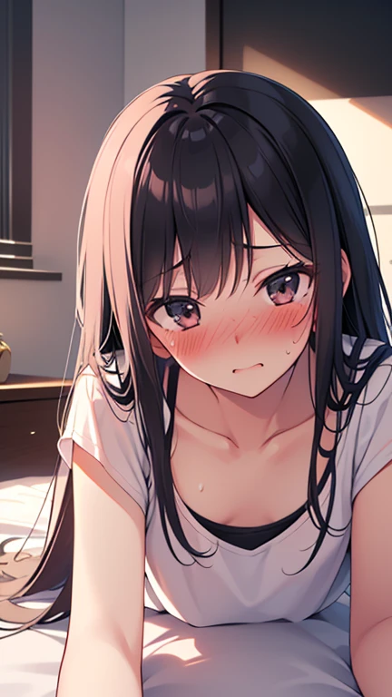masterpiece,Highest quality,High resolution,shape,Very detailed,8k wallpaper,Ray Tracing,girl,(Black Hair:1.1),((Long Hair:1.1)),(Black Eye 1:1.1),Straight hair,Medium Chest,((embarrassing 1:1.3)),((Blushing 1:1.3)),((Plain white shirt 1:1.2)),bed,School Swimsuit,Lying on your back