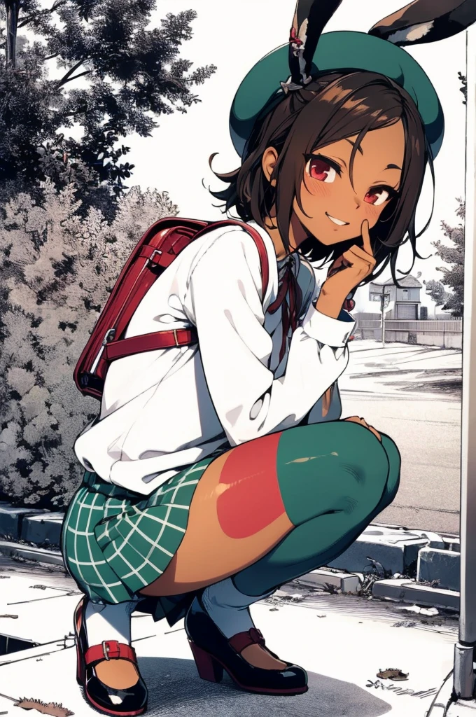 i26_\(azur_lane\), rabbit_ears, brown_hair, red_eyes,smile,dark-skinned_female, dark_skin,outdoors,neck_ribbon, ear_ribbon,white shirt,plaid skirt,puffy long sleeves, beret, randoseru, red backpack,v sign,from side, squatting, masterpiece, best quality, high contrast,