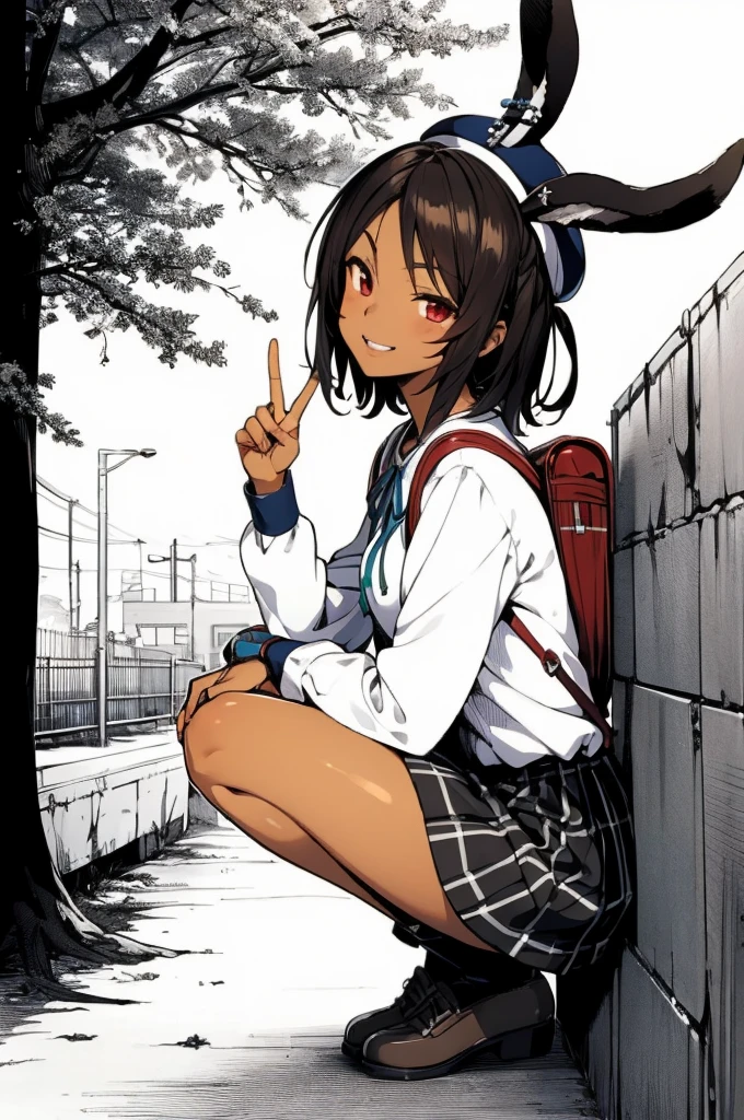 i26_\(azur_lane\), rabbit_ears, brown_hair, red_eyes,smile,dark-skinned_female, dark_skin,outdoors,neck_ribbon, ear_ribbon,white shirt,plaid skirt,puffy long sleeves, beret, randoseru, red backpack,v sign,from side, squatting, masterpiece, best quality, high contrast,