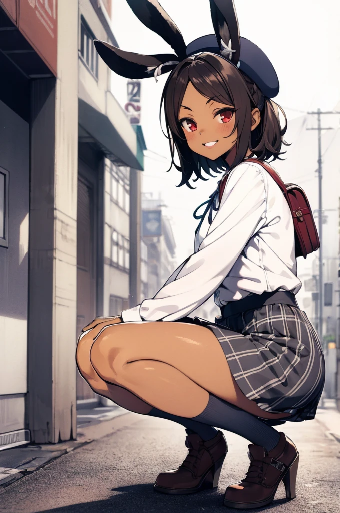 i26_\(azur_lane\), rabbit_ears, brown_hair, red_eyes,smile,dark-skinned_female, dark_skin,outdoors,neck_ribbon, ear_ribbon,white shirt,plaid skirt,puffy long sleeves, beret, randoseru, red backpack,v sign,from side, squatting, masterpiece, best quality, high contrast,