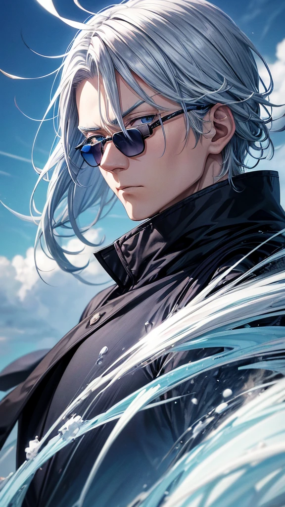 “High-definition wallpaper of Satoru Gojo from the Japanese anime Jujutsu Kaisen. He has silver hair, white eyelashes, and white eyebrows. He is wearing round metal-framed sunglasses with light blue lenses, and has light blue eyes. He is looking at the viewer. The background is a blue sky with clouds, depicted in a cinematic style.”
