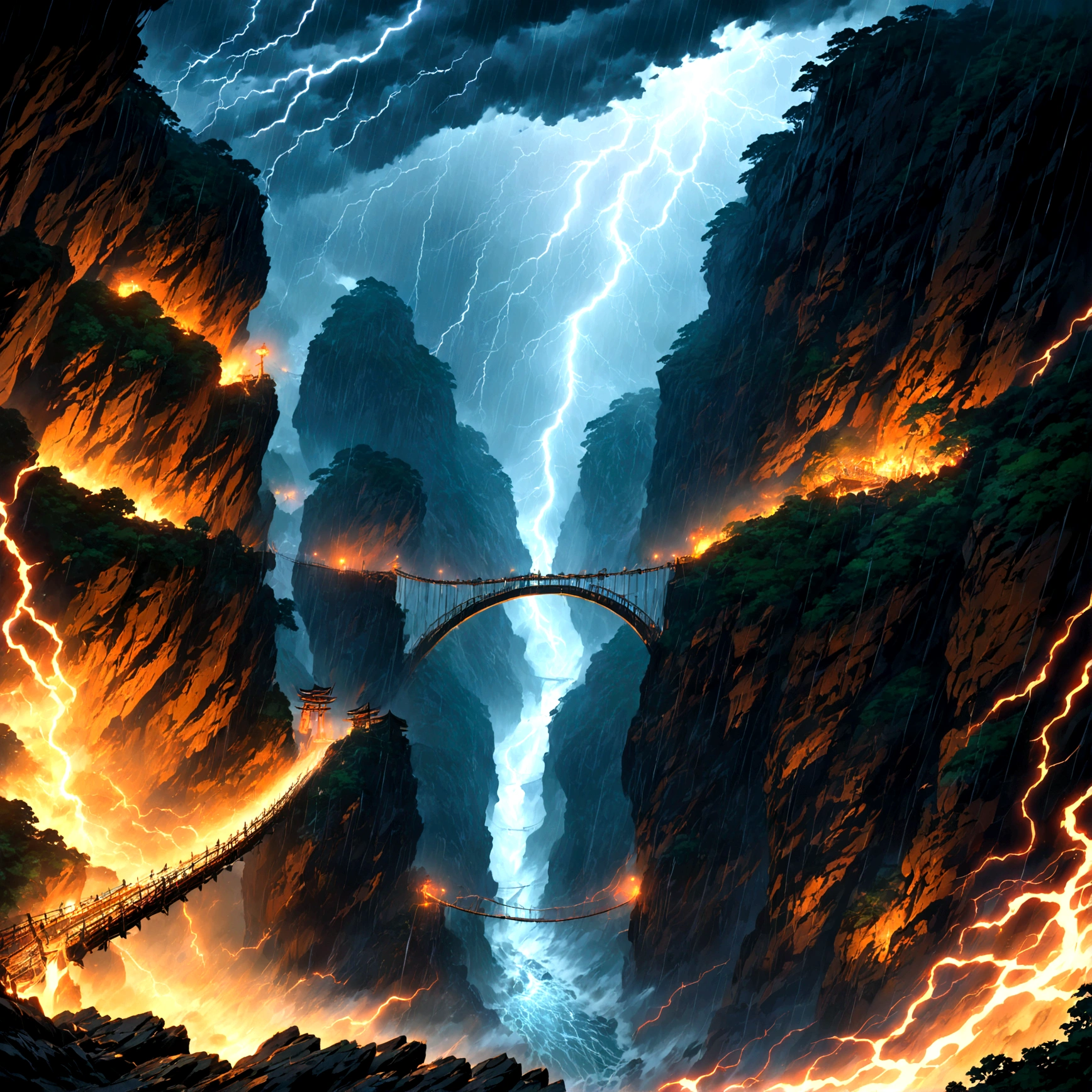 Beautiful game world, Fantasy, Furai no Shiren, Naraku Gorge, Dungeons, First Person View, storm, Thunder, Heavy Rain, Strong winds, Roar, fear, despair, Unstable footing, Narrow suspension bridge, Blowing Rain, Poor horizon, The roar of a beast coming from the bottom of the cliff