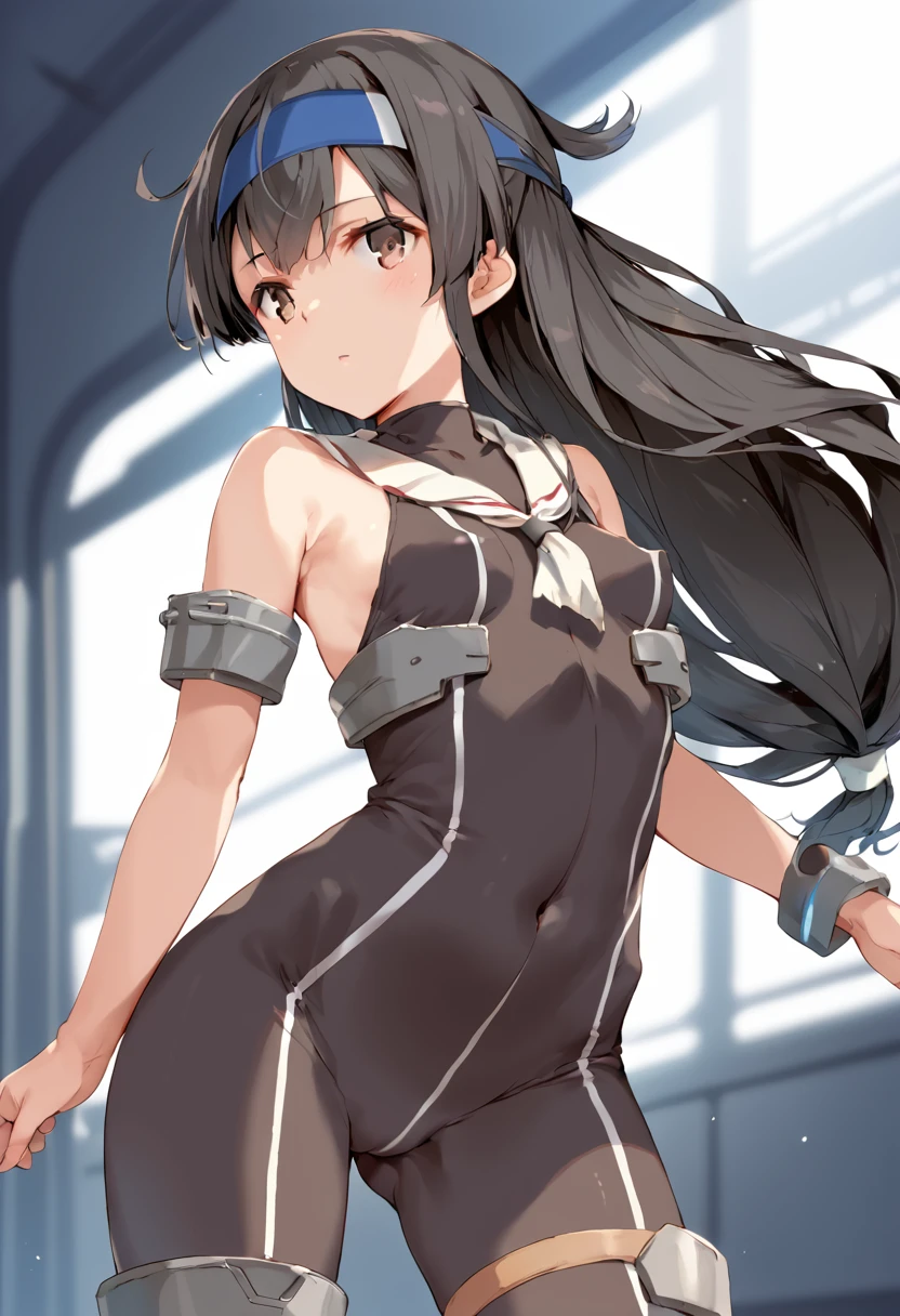 score_9, score_8_up, score_7_up, source_anime, Idealized Forms, Natural Light, details background, blurry background, extremely detailed,cartoons girl are standing wearing a futuristic outfit, 1girl,breasts,ass visible through thighs,bodysuit,covered navel,(aga),hatsushimo(kancolle),brown eyes,(left(white)right(blue))headband,(black)long hair,(low-tied)hair,(black)hair,small breasts,(petite),