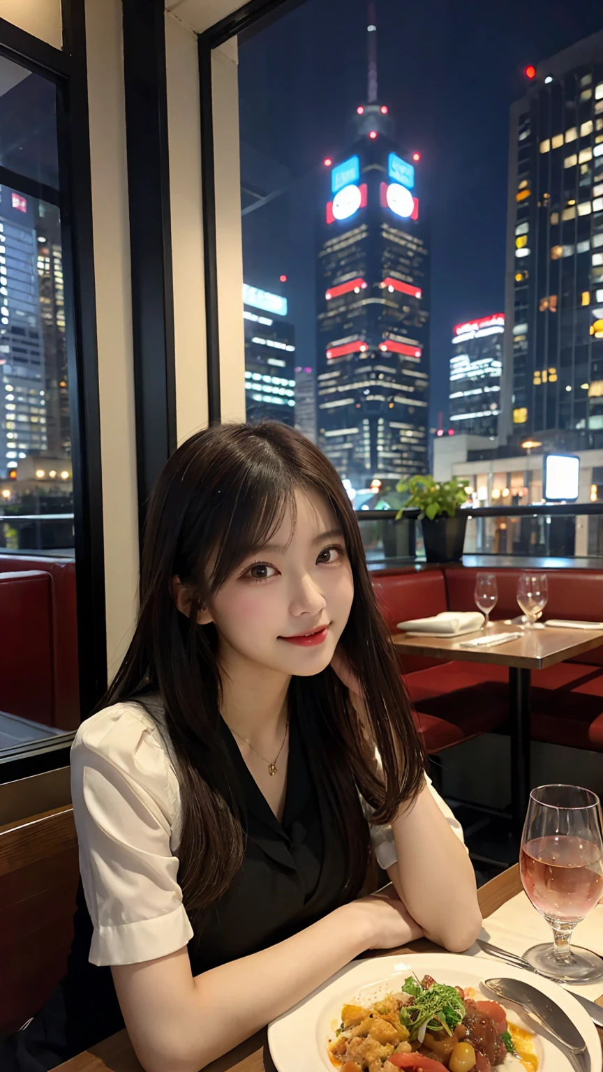 highest quality, masterpiece, 8K, ultra high resolution, (realistic: 1.4), beautiful face, symmetrical eyes, Japanese, 20 years old, brown hair, smile, wearing makeup, high-definition images, atmospheric perspective, super detail, accurate, best quality, (angle from under the table),  Japanese , (2 girls:1.7), drooping eyes, sleepy face, blush, in the city, busy, skyscrapers, skirt, high heels, necklace, white blouse , restaurant with large windows, takes a seat,  night scene, windows have harbor view, foods, romantic dinner 