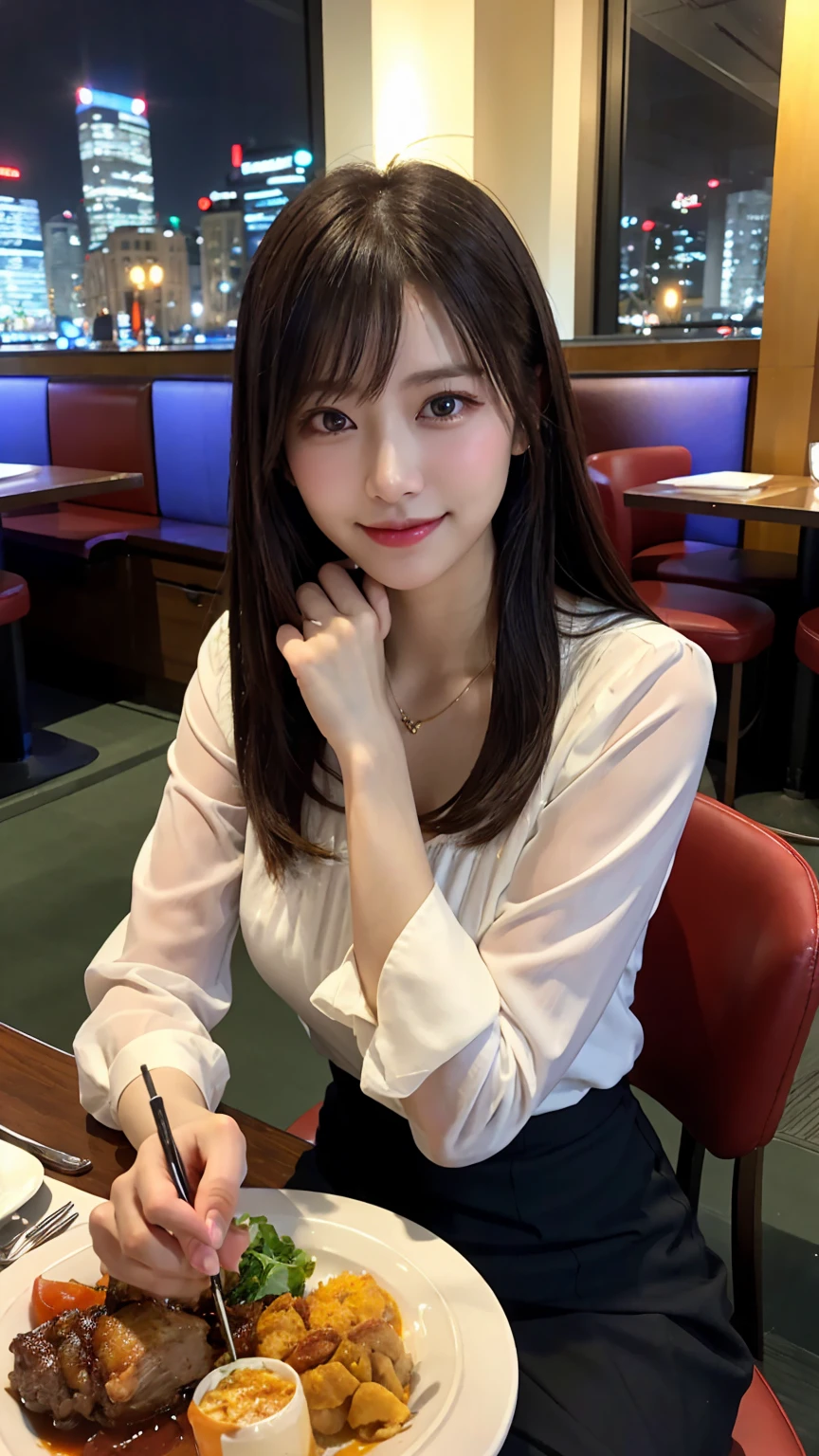 highest quality, masterpiece, 8K, ultra high resolution, (realistic: 1.4), beautiful face, symmetrical eyes, Japanese, 20 years old, brown hair, smile, wearing makeup, high-definition images, atmospheric perspective, super detail, accurate, best quality, (angle from under the table),  Japanese , (2 girls:1.7), drooping eyes, sleepy face, blush, in the city, busy, skyscrapers, skirt, high heels, necklace, white blouse , restaurant with large windows, takes a seat,  night scene, windows have harbor view, foods, romantic dinner 