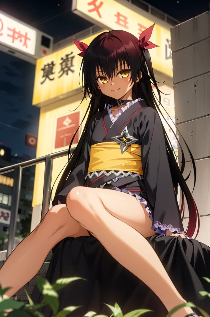 1girl, aster nemesis, dark-skinned female, black hair, very long hair, yellow eyes, flat chest kimono, obi, ribbon, twin tails, looking at viewer, outdoors, city, night, smile, ,sitting on ground,,nsfw,lace panties,8yo,from below