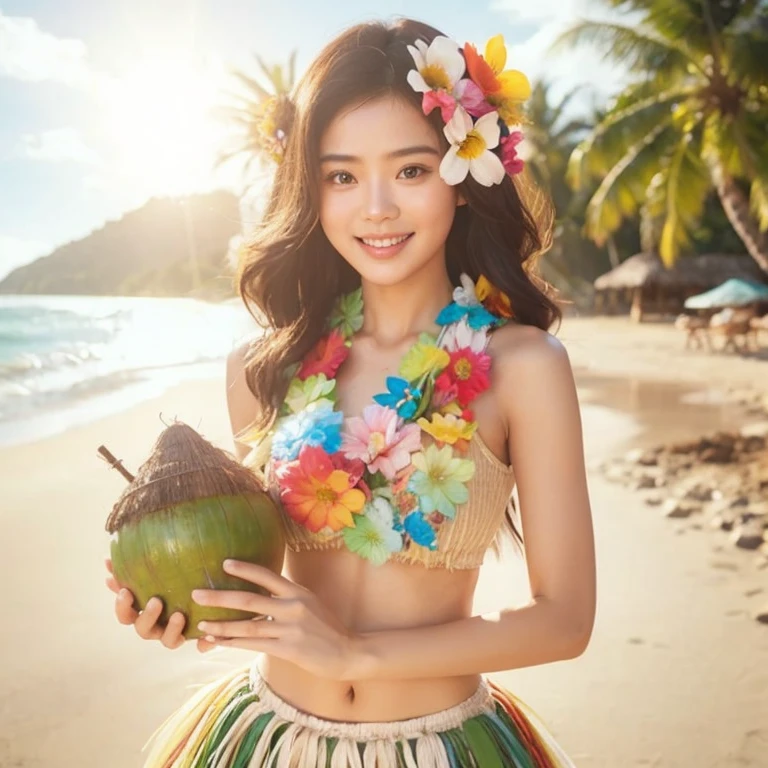 Close-up photo, Southeast Asian women with round faces, long hair,black eyes,abdominal muscles, The body is beautiful and strong., thick hips, Outdoors in the countryside, old shabby thatched hut, There are flowers around the hut., Warm light, The morning sun shines beautifully., (digital painting, HDR, high contrast), 3d, 8K, 45,000,000 pixcls,