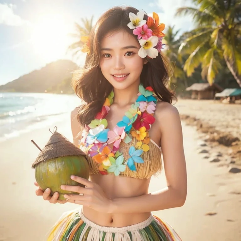 Close-up photo, Southeast Asian women with round faces, long hair,black eyes,abdominal muscles, The body is beautiful and strong., thick hips, Outdoors in the countryside, old shabby thatched hut, There are flowers around the hut., Warm light, The morning sun shines beautifully., (digital painting, HDR, high contrast), 3d, 8K, 45,000,000 pixcls,