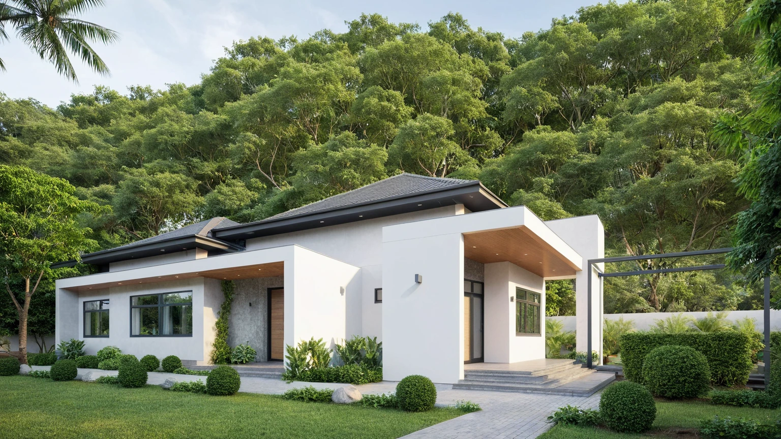 A wide angle shot shows the front view of a contemporary two-story villa with white walls and glass windows, design by Tadao ando,surrounded by lush greenery, adorned with vibrant tropical plants,architecture photography award, iwan baan, Taken on a Canon EOS R5 using a Canon RF 24-70mm f/2.8L IS USM lens at an F3.2 aperture setting in the style of Canon --ar 16:9 --c 5 --s 50 --v 6.0