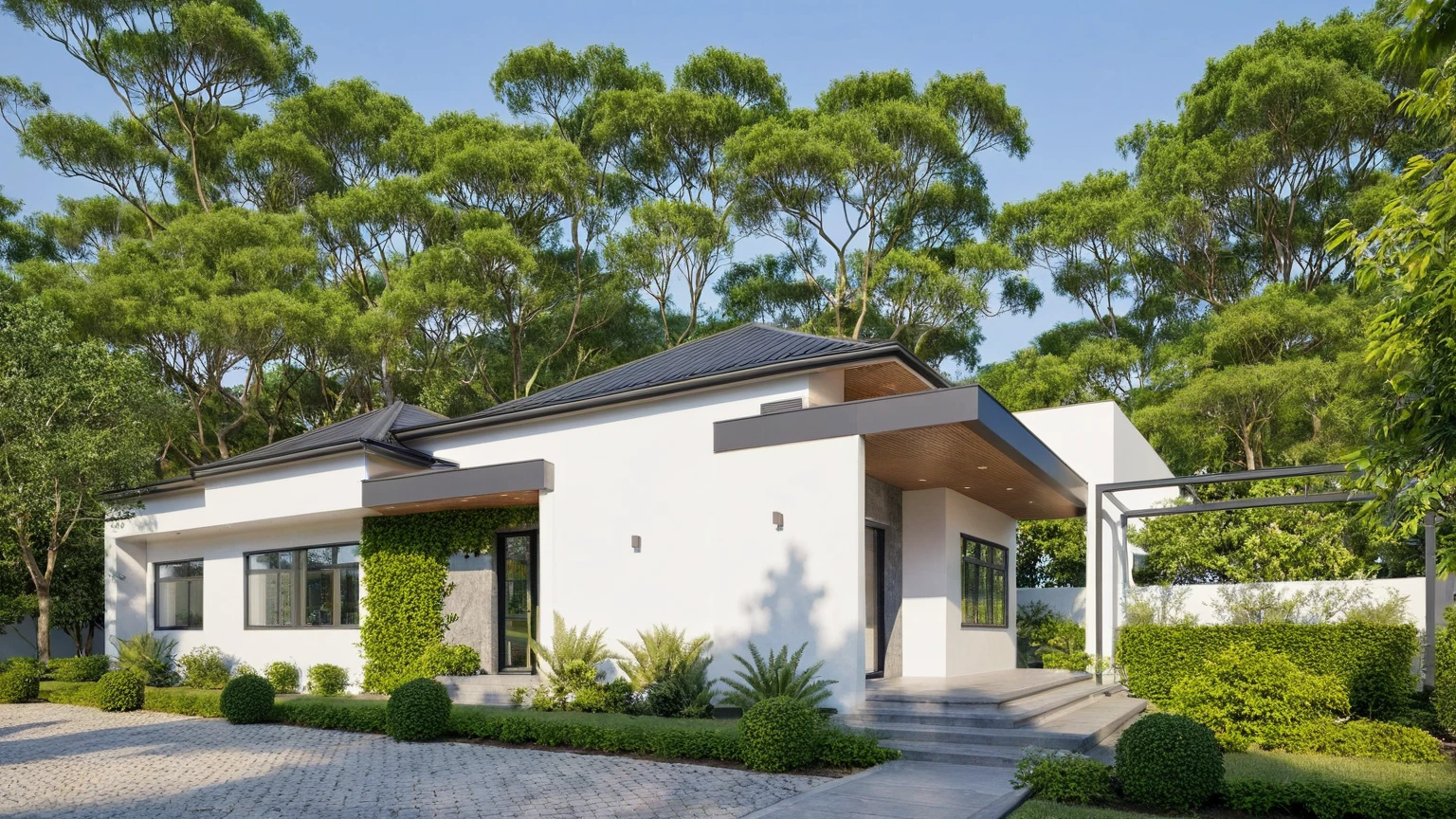 A wide angle shot shows the front view of a contemporary two-story villa with white walls and glass windows, design by Tadao ando,surrounded by lush greenery, adorned with vibrant tropical plants,architecture photography award, iwan baan, Taken on a Canon EOS R5 using a Canon RF 24-70mm f/2.8L IS USM lens at an F3.2 aperture setting in the style of Canon --ar 16:9 --c 5 --s 50 --v 6.0