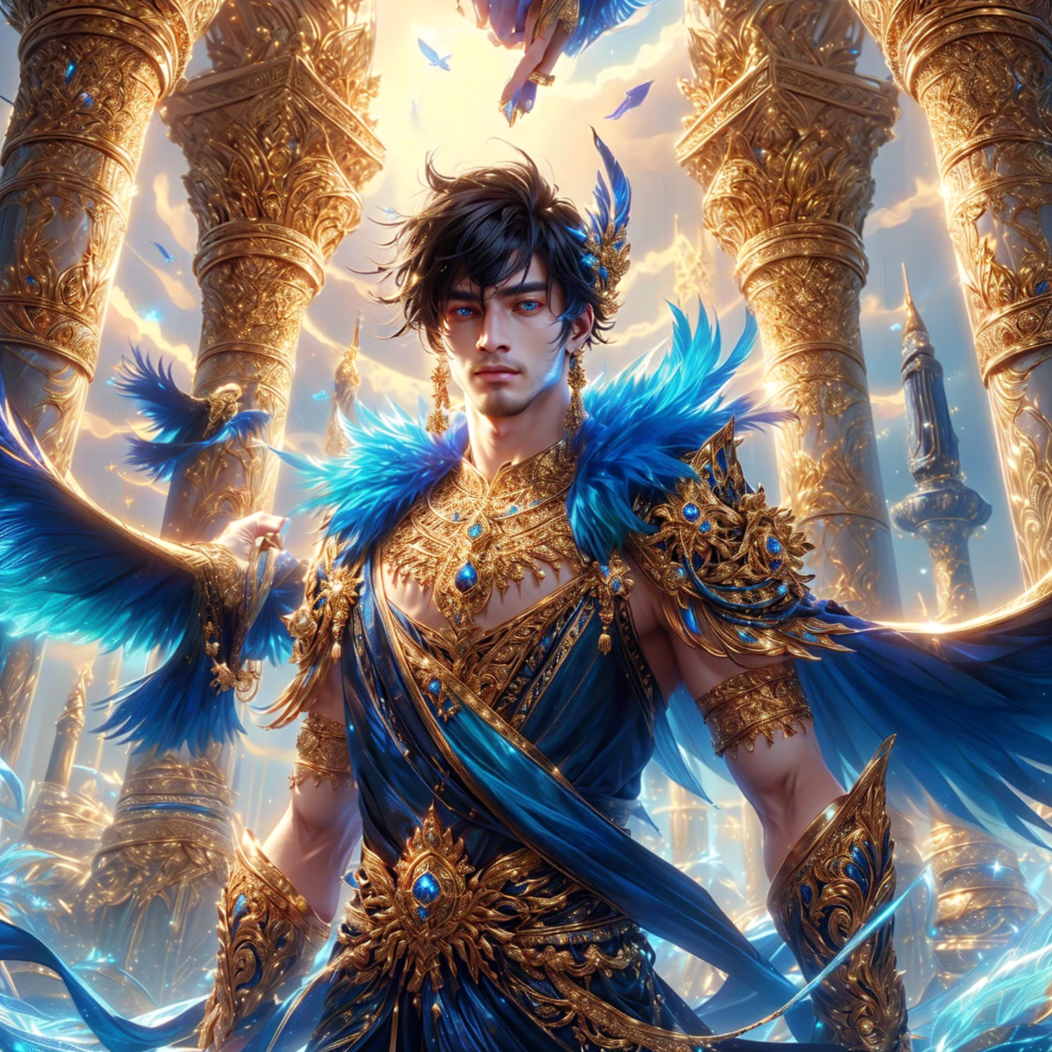 Male, black hair, fine gold clothes, fine gold jewelry. , Man, the god is very handsome. , Handsome Man
