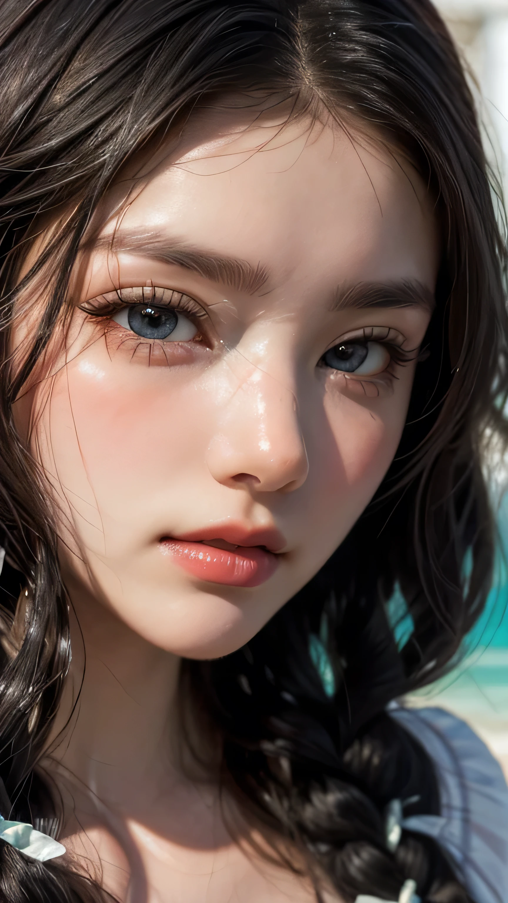 best quality, ultra hi res, photoreaslistic, a photography of a beautiful woman, 30yo teen age, detailed face, black Messy fishtail braid, (detailed porcelain doll,delicate clothes with a lot of frills and ribbons), Beach, (face close up), seductive look, looking at viewer