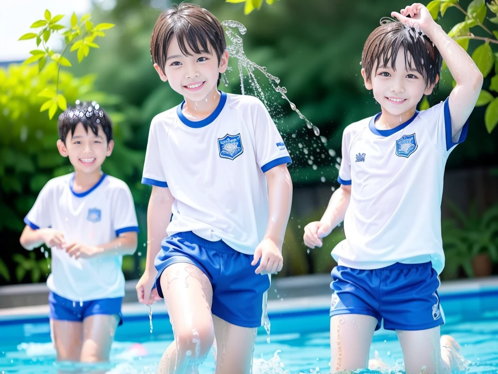 hot summer、primary school、Summer swimming pool、Fun every day、Get wet all over、Japan Boy、Glowing water splashes、Pool lessons、Boy playing in water、The happy boys、Strong sunlight、Short sleeve gym uniform、Blue shorts、barefoot，Boys only 、１０age、high resolution、masterpiece