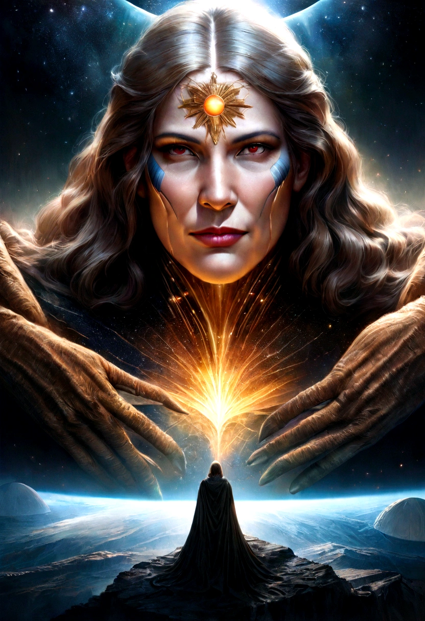 girl against the background of Jupiter, Space titan, emerging from nebulae in outer space and rising above the horizon,(Best quality,4K,8 k,A high resolution,masterpiece:1.2),ultra detailed,(realistic,photorealistic,photo-realistic:1.37),fabulous nebulae,Majestic space titan, enormously powerful, emerging from colorful and swirling nebulae in the depths of outer space.. Its massive form glows with vibrant colors and is surrounded by wisps of stardust... Titan rises above the horizon, emitting a soft glow, rising into the heavens. Rays of light pierce the cosmic atmosphere, illuminating the complex and detailed facial features of a titan. His eyes, deep and mysterious, pass on ancient wisdom, looking at endless space. The Titan's muscular and impressive physique exudes strength and dominance.., reflecting its cosmic origin. When he stretches out his colossal arms, celestial energy crackles and dances on your fingertips, radiating power and energy. The surrounding nebulae continue to swirl, creating a mesmerizing spectacle of cosmic beauty. The whole stage is shrouded in a surreal and unearthly atmosphere., enhancing the dreamlike quality of the cosmic titan's appearance. Colors change and blend harmoniously., creating a captivating palette of cosmic shades. Lighting highlights the shape of titanium., highlighting every intricate detail and creating a sense of depth and dimension. The interaction of light and shadow further enhances the realism and depth of the composition... This artwork is a masterpiece of cosmic art, capture the majesty and majesty of the cosmic titan, when it emerges from the nebulae and rises to new celestial heights..
