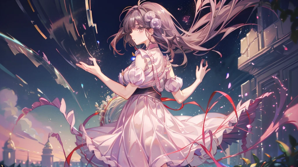 (masterpiece, Absurd quality, Highest quality, Official Art, beautifully、aesthetic, light blue:1.2), (dark:1.5), Shining art,16K, detailed, Curvaceous, (Abstract background:1.5), (Blurred Background:1.5), Cinema Lighting, Golden Ratio, Beautiful lighting, Zhou Haoguang, Particles of light, Realistic Shadows,Soft lighting, Cute girl, 非常にdetailedな, colorful, 最もdetailedな, pastel colour, (Conversion Sequence), Baby Face, Cinema Lighting, Cowboy Shot, View your viewers, landscape, scenery, scenery, Flower Field, lipstick, (eyelash:1.5), 非常にdetailedな顔, (Pale skin:1.2), (Perfect Legs, Perfect hands, Perfect Anatomy),Depth of written boundary, Speckled sunlight, Beautiful lighting, (alone:1.5), Floating Hair, (floating cloth:1.2), ,detailedな肌, 最もdetailedな face, Particles of light, Volumetric lighting, Intricate details, 細かくdetailedに, (Royal Society:1.5), (hair ornaments:1.2), Red choker, (Pale pink dress:1.2), (Voluminous ruffled skirt,:1.7), (Voluminous panniers:1.5), (lipstick:1.2), Shiny skin, Shiny Hair, Shining Face, (Shiny skin:1.2), (Shiny clothes:1.2), Abandoned building, Speckled sunlight, Outstretched arms, Renaissance period, (beautifully繊細な茶色の目:1.5), Religious paintings, (From the side:1.5), (From below:1.5), (Large Breasts:0.7), Beautiful breasts, A girl around , Remaining, Dutch Angle, Sparkly Background, Overgrown, (ancient ruins:1.2), Dynamic Angle, (Translucent clothing:1.2), Outstretched Hand, Are standing, Abandoned, profile, Short sleeve,