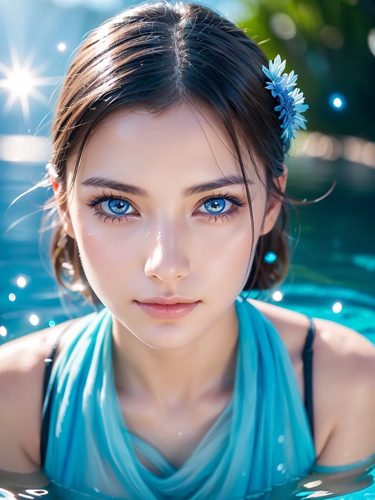 A beautiful woman with dreamy blue cornflower eyes, perfect depth of field, lovely lens flare accents, extremely detailed facial features, a beautiful background with a transparent water surface and floating water droplets, a stunning photograph capturing the beauty of the woman and the water.