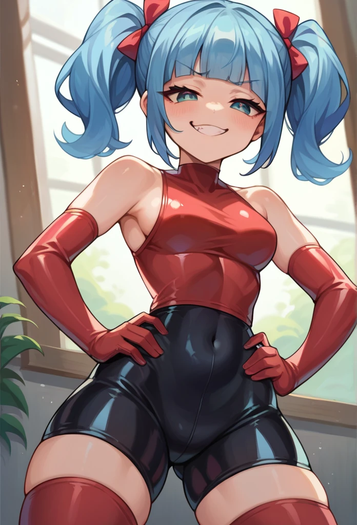 score_9, score_8_up, score_7_up, perfect face, perfect eyes, 1 girl, medium breast, blunt bangs, twintail hairstyle, smug face, hands on hips, latex clothes, latex shorts, thigh highs, exposed shoulders, in a room