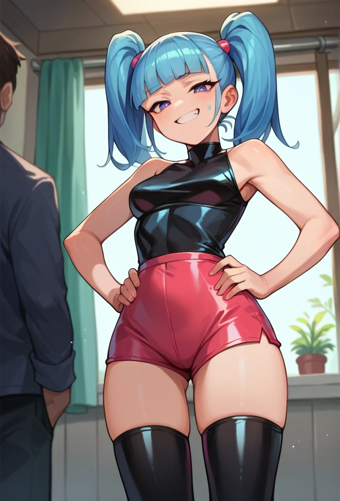 score_9, score_8_up, score_7_up, perfect face, perfect eyes, 1 girl, medium breast, blunt bangs, twintail hairstyle, smug face, hands on hips, latex clothes, latex shorts, thigh highs, exposed shoulders, in a room