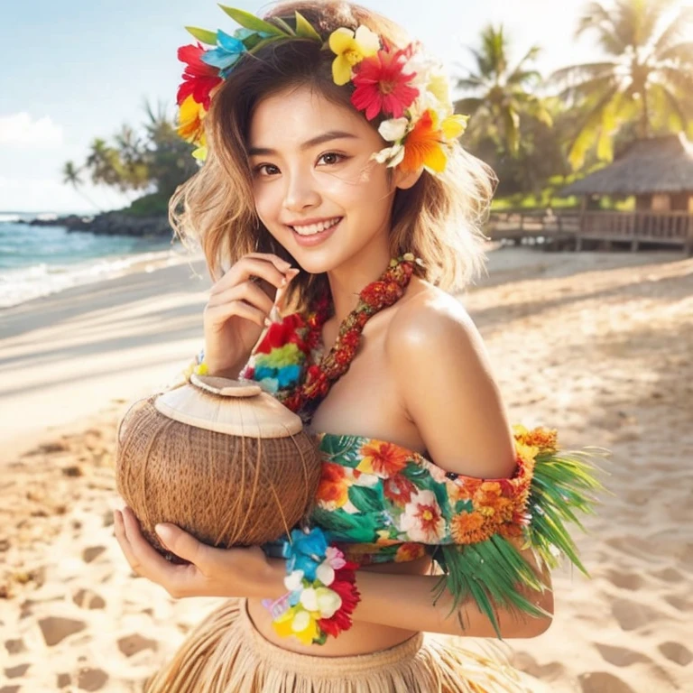 Close-up photo, Southeast Asian women with round faces, long hair,black eyes,abdominal muscles, The body is beautiful and strong., thick hips, Outdoors in the countryside, old shabby thatched hut, There are flowers around the hut., Warm light, The morning sun shines beautifully., (digital painting, HDR, high contrast), 3d, 8K, 45,000,000 pixcls,