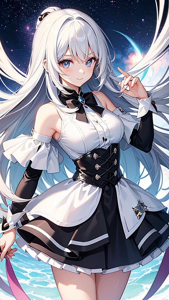 Magical girl　black and white costume　mini skirt　No sleeve　Long hair with silver hair　　smile　Great style　Directly facing　universe space