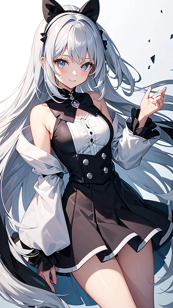 Magical girl black and white costume mini skirt No sleeve Long hair with silver hair smile Great style Directly facing universe space