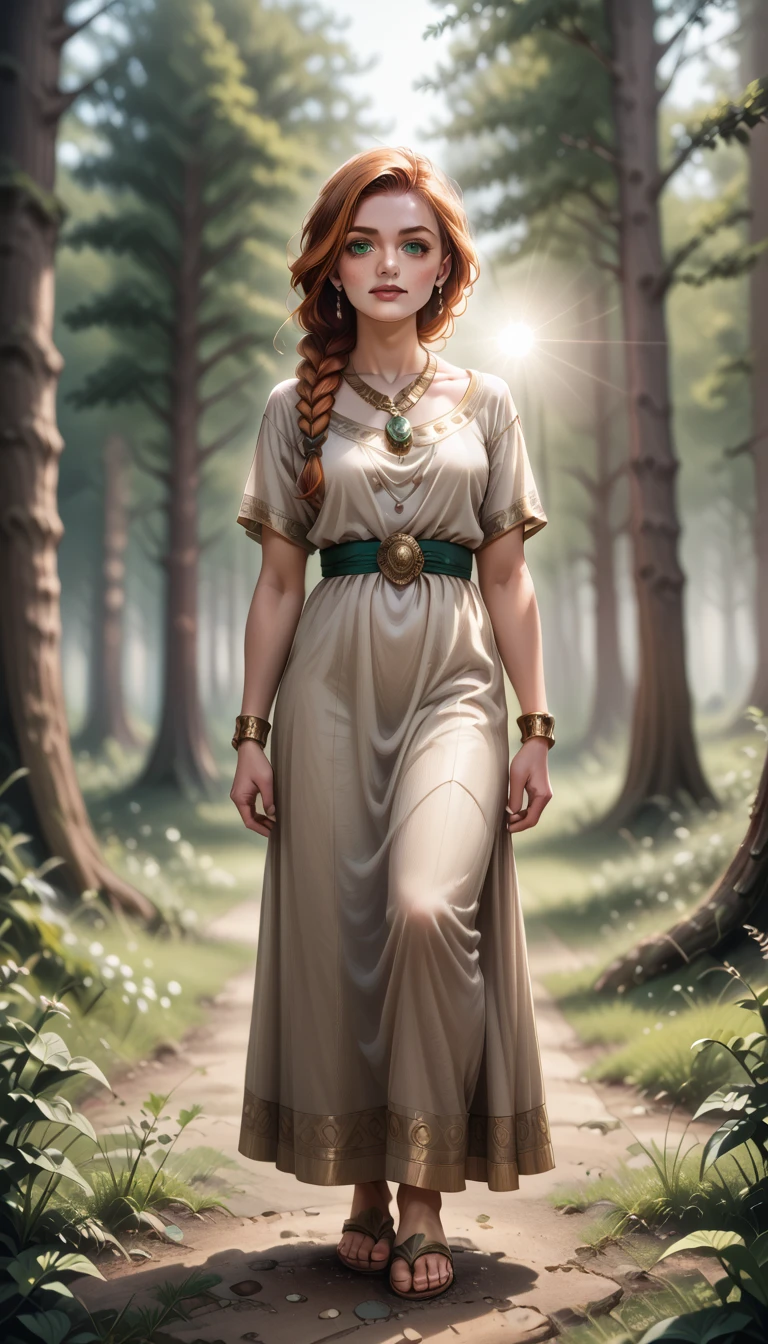 (thylane blondeau:Marilyn Monroe:0.5), A 20-year-old girl with ginger hair, high detail, face, high detail skin, detailed green_eyes, one large braid, a gold necklace with a ruby pendant, dressed in a revealing white Greek tunic and Roman sandals, with gold bracelets on her arms, forest in the background, masterpiece, extremely high detail, cinematic lighting. backlight. shallow depth of field, bokeh, sharp focus, RAW photo