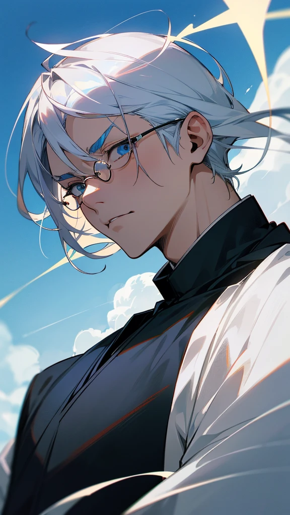 “High-definition wallpaper of Satoru Gojo from the Japanese anime Jujutsu Kaisen. He has silver hair, white eyelashes, and white eyebrows. He is wearing round metal-framed sunglasses with light blue lenses, and has light blue eyes. He is looking at the viewer. The background is a blue sky with clouds, depicted in a cinematic style.”