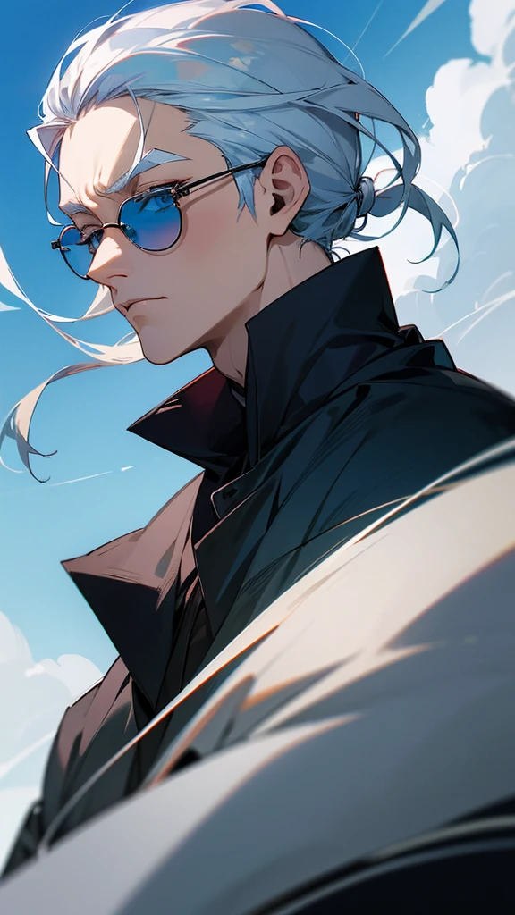 “High-definition wallpaper of Satoru Gojo from the Japanese anime Jujutsu Kaisen. He has silver hair, white eyelashes, and white eyebrows. He is wearing round metal-framed sunglasses with light blue lenses, and has light blue eyes. He is looking at the viewer. The background is a blue sky with clouds, depicted in a cinematic style.”