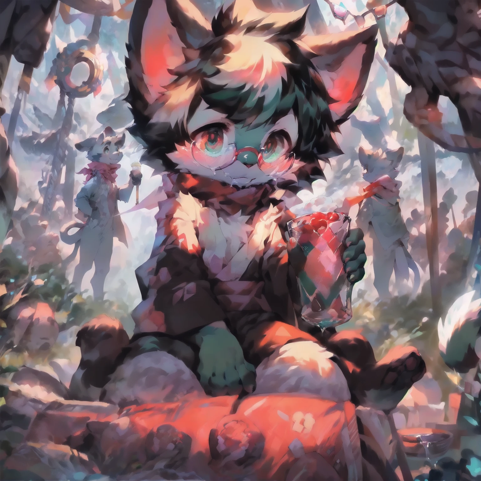 nsfw, (a young adult cat boy with big circle glasses and a red scarf has a relaxed expression, ready to explore the sex world outside alone:2), (he is a handsome cat fursona with teal fur color:1.5), (masturbates and cum shot on his cute dick:1.6), the chest has white fur, white fur around mouth and cheeks, white hair, fluffy black cat ears, fluffy white neck, he is in a snowy place sitting on a soft chair looking out to the snowy landscape through a glass window. bushy tail, and perked up fluffy big ears. He wears a fluffy warm and cozy kimono, His eyes are very bright with wonder as he surveys the snowy woods outside the cabin, a lot of snowflakes falls down from the sky. . (he is drinking a warm cup of a bit seminal fluid is near from him:1.3). big trees covered by snow in the background. there are steep and tall mountain in the background covered in snow, zoomed out pov,