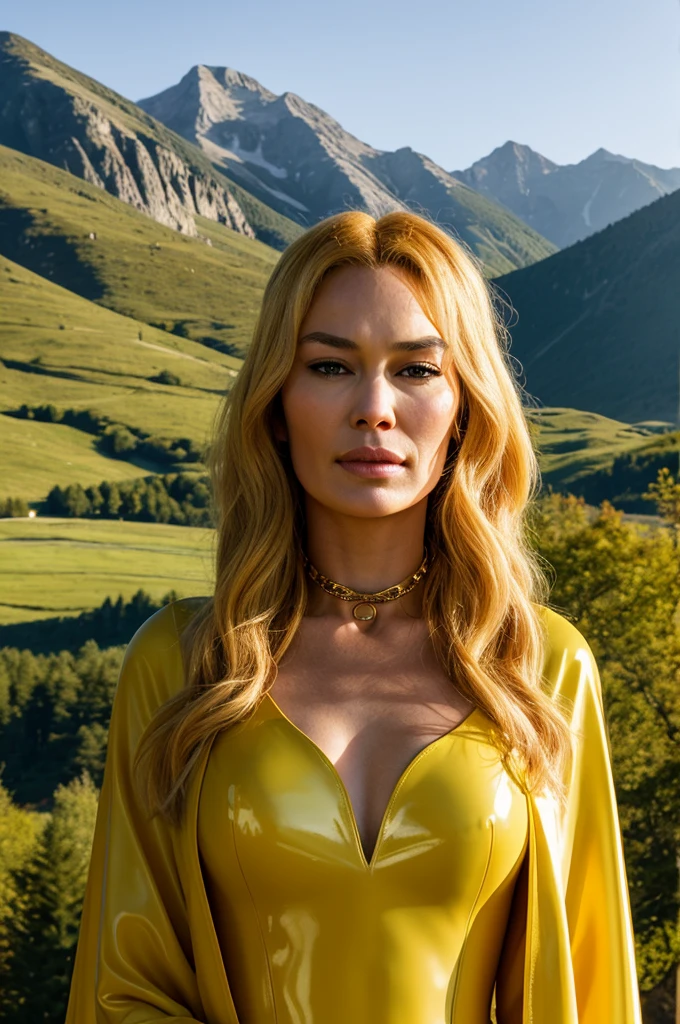portrait of incredibly gorgeous Cersei Lannister, sci-fi fetish noblewoman, elegant designer latex dress, latex shawl, choker, long and silky hair, haughty, sunny mountainous outdoors