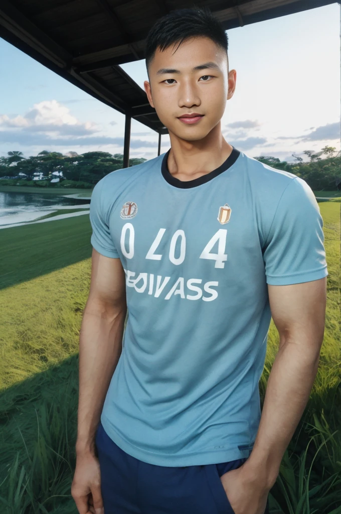 A handsome, muscular young Asian man looks at the camera. In a simple blue t-shirt , Fieldside, grass, beach, sunlight