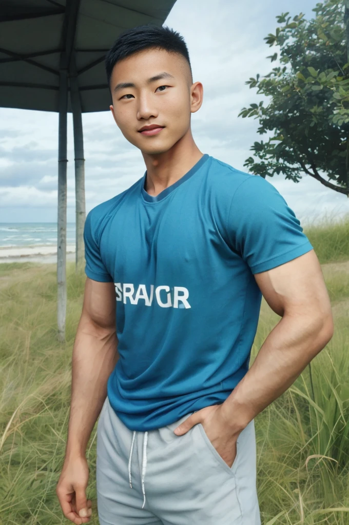 A handsome, muscular young Asian man looks at the camera. In a simple blue t-shirt , Fieldside, grass, beach, sunlight