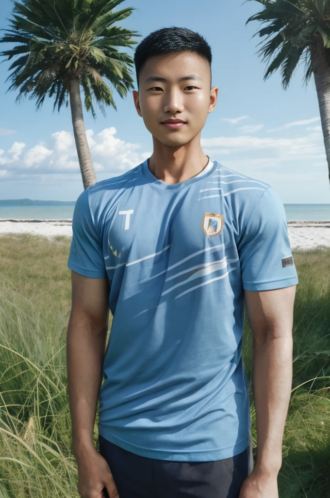 A handsome, muscular young Asian man looks at the camera. In a simple blue t-shirt , Fieldside, grass, beach, sunlight