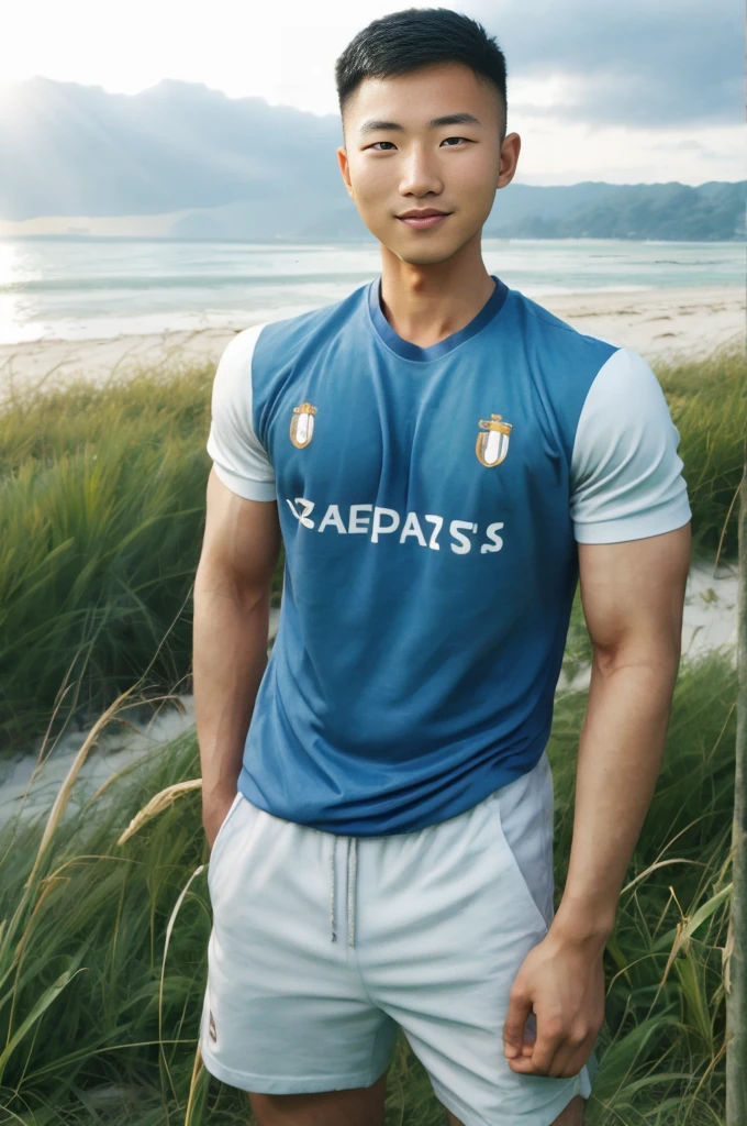 A handsome, muscular young Asian man looks at the camera. In a simple blue t-shirt , Fieldside, grass, beach, sunlight