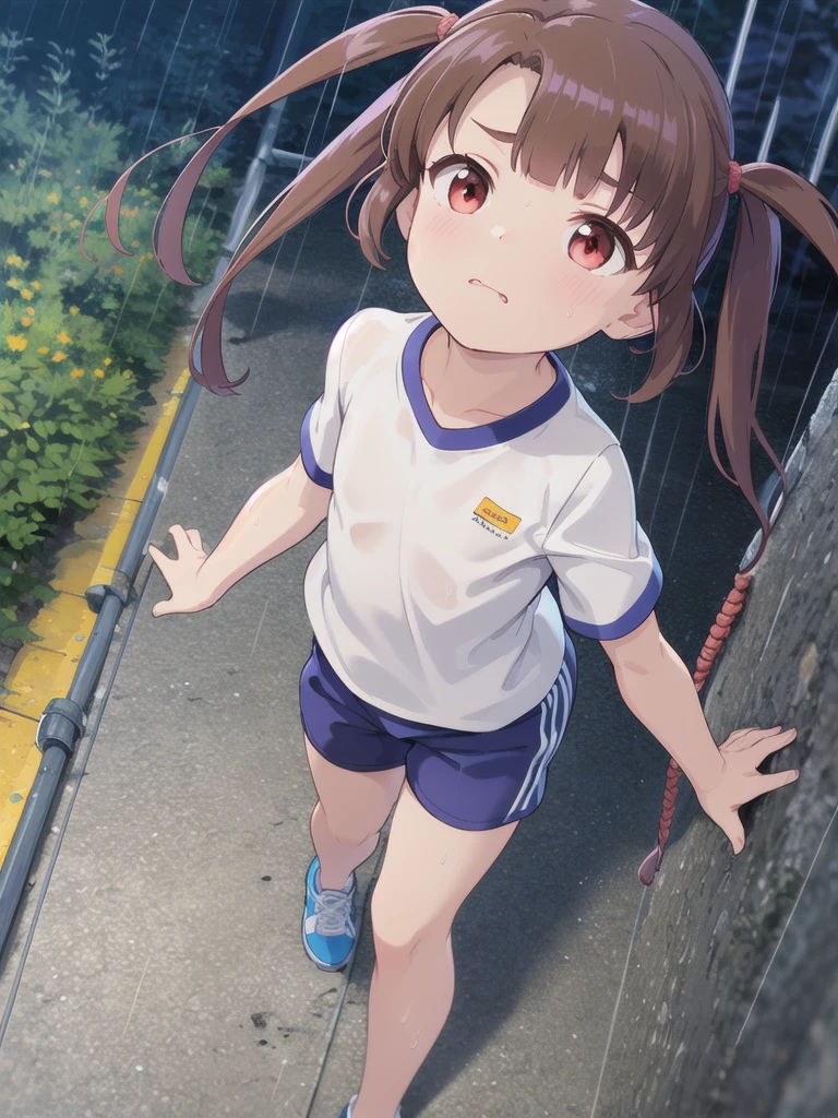 Outdoor,night,rain,Climbing into the sky,Rope climbing,Has a large brown rope,cling,White gym clothes,Red eyes,Long twin tails,Brown Hair,Eyebrows visible through hair,Flat Chest,Looking Up,A view from above,face focus, 