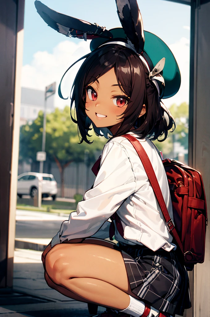 i26_\(azur_lane\), rabbit_ears, brown_hair, red_eyes,smile,dark-skinned_female, dark_skin,outdoors,neck_ribbon, ear_ribbon,white shirt,plaid skirt,puffy long sleeves, beret, randoseru, red backpack,v sign,from side, squatting, masterpiece, best quality, high contrast,