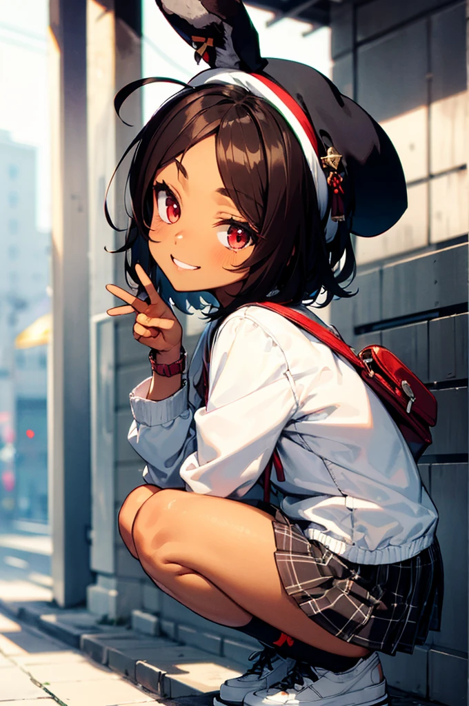 i26_\(azur_lane\), rabbit_ears, brown_hair, red_eyes,smile,dark-skinned_female, dark_skin,outdoors,neck_ribbon, ear_ribbon,white shirt,plaid skirt,puffy long sleeves, beret, randoseru, red backpack,v sign,from side, squatting, masterpiece, best quality, high contrast,