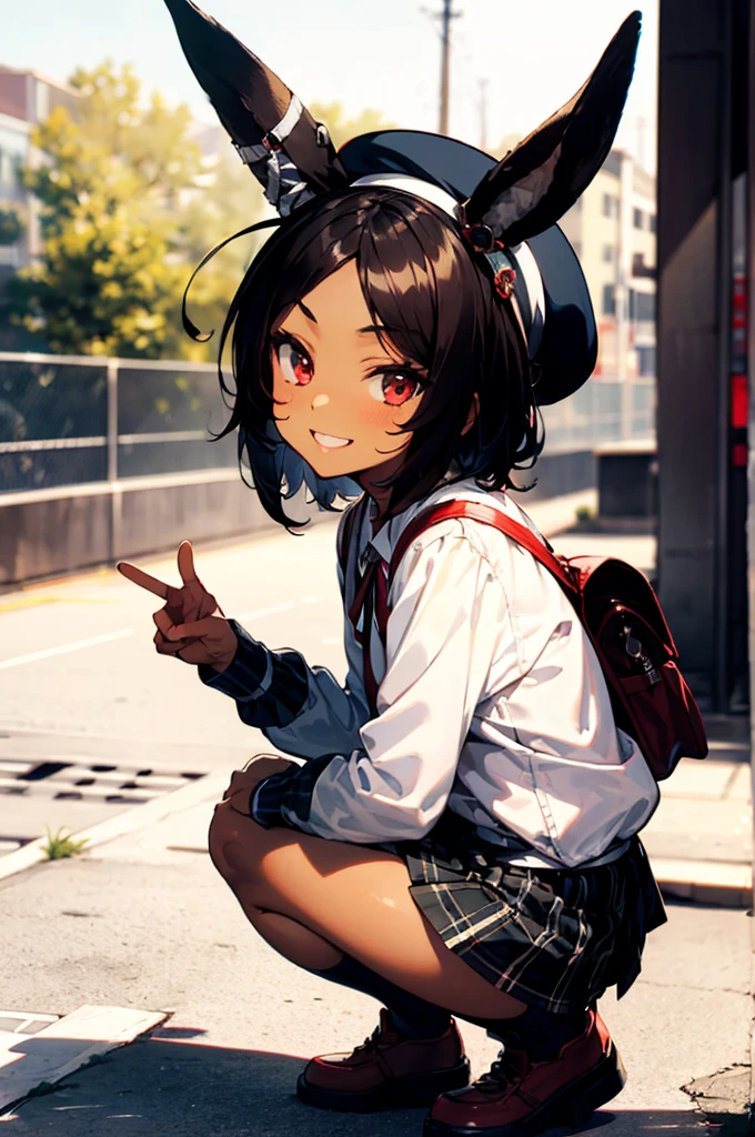 i26_\(azur_lane\), rabbit_ears, brown_hair, red_eyes,smile,dark-skinned_female, dark_skin,outdoors,neck_ribbon, ear_ribbon,white shirt,plaid skirt,puffy long sleeves, beret, randoseru, red backpack,v sign,from side, squatting, masterpiece, best quality, high contrast,