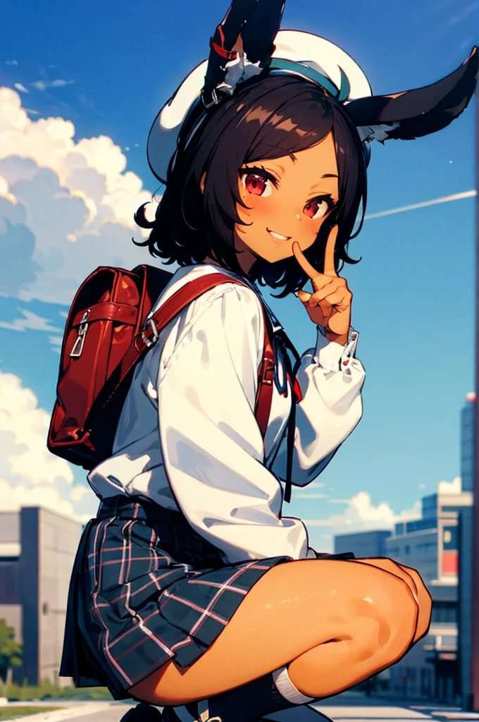 i26_\(azur_lane\), rabbit_ears, brown_hair, red_eyes,smile,dark-skinned_female, dark_skin,outdoors,neck_ribbon, ear_ribbon,white shirt,plaid skirt,puffy long sleeves, beret, randoseru, red backpack,v sign,from side, squatting, masterpiece, best quality, high contrast,