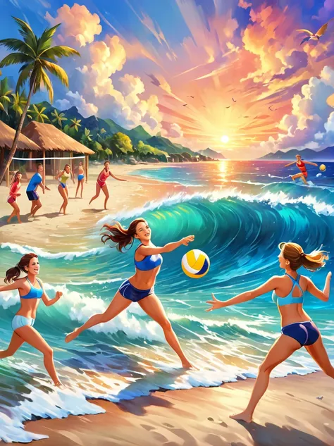 a group of energetic young people playing beach volleyball，on the beach，ocean，islands，sunset，prime time，nostalgia，memory，sportsw...